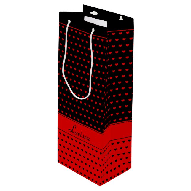 Stilvolles Rot- und Schwarz-Herz-Muster, Individue Geschenktüte Für Weinflaschen (Vorderseite Schrägansicht)