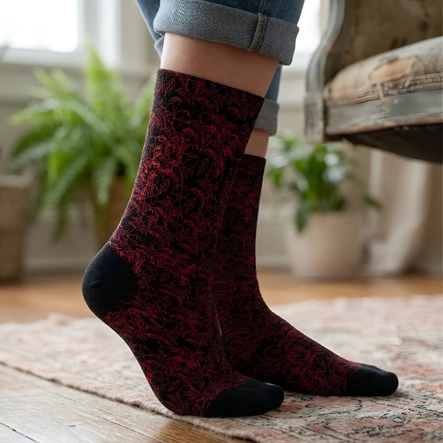 Stilvolles rotes Blumenmuster auf Schwarz Socken (Von Creator hochgeladen)