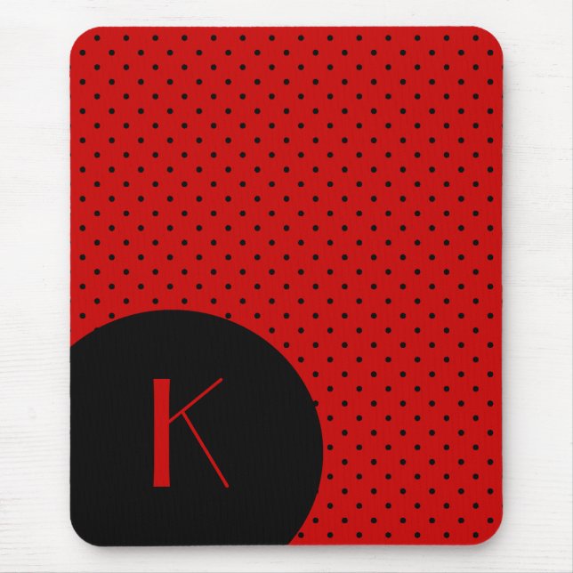 Stilvolles rotes u. schwarzes Tupfen-Monogramm Mousepad (Vorne)