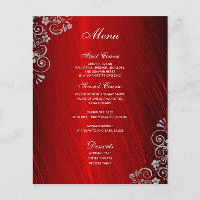 Stilvolles Ruby Red Gray Swirl Wedding Menu (Vorderseite)