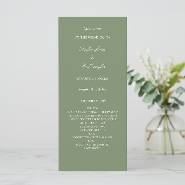 Stilvolles Sage Green Wedding Programm (Stehend Vorderseite)