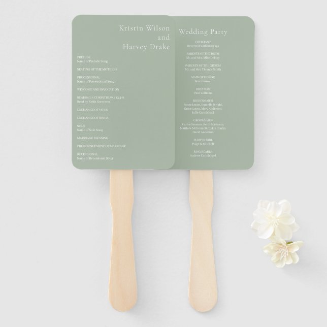 Stilvolles salbeigrünes modernes Hochzeitsprogramm Fächer (Vorne und Hinten)