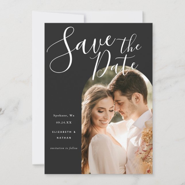 Stilvolles Schriftbogenrahmen-Foto  Save The Date (Vorderseite)