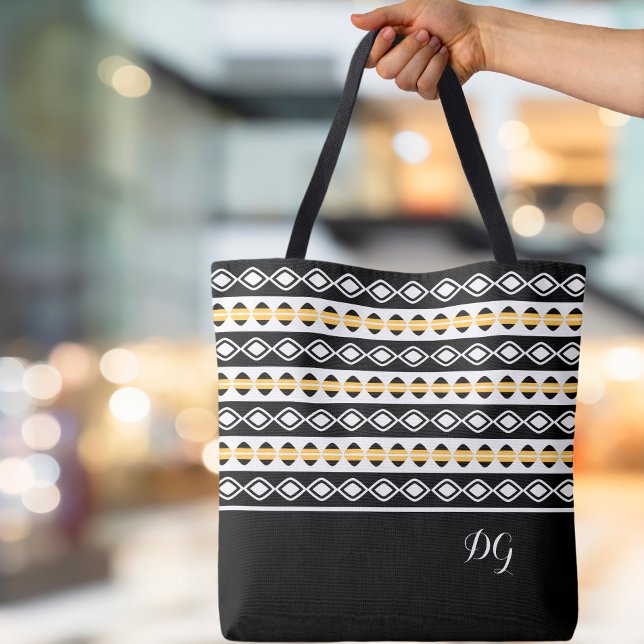 Stilvolles Schwarz-Gelb-Weiß-geometrisches Muster (Stylish Custom Monogrammed Initials Ornamental Black White Yellow Pattern Geometric Canvas Tote Bag)