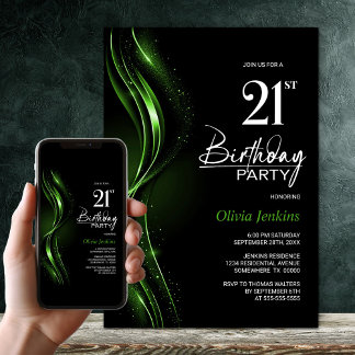 Stilvolles Schwarz/Grün 21. Geburtstag Party Einladung