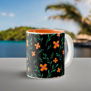 Stilvolles Schwarz Orange Watercolor Blumenmuster Zweifarbige Tasse