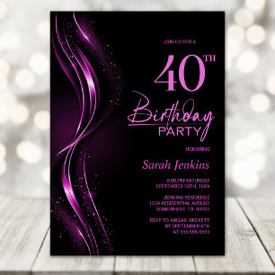 Stilvolles Schwarz-Pink 40. GeburtstagsParty Einladung