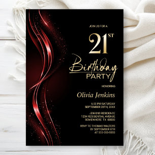 Stilvolles Schwarz/Rot 21. Geburtstag Party Einladung