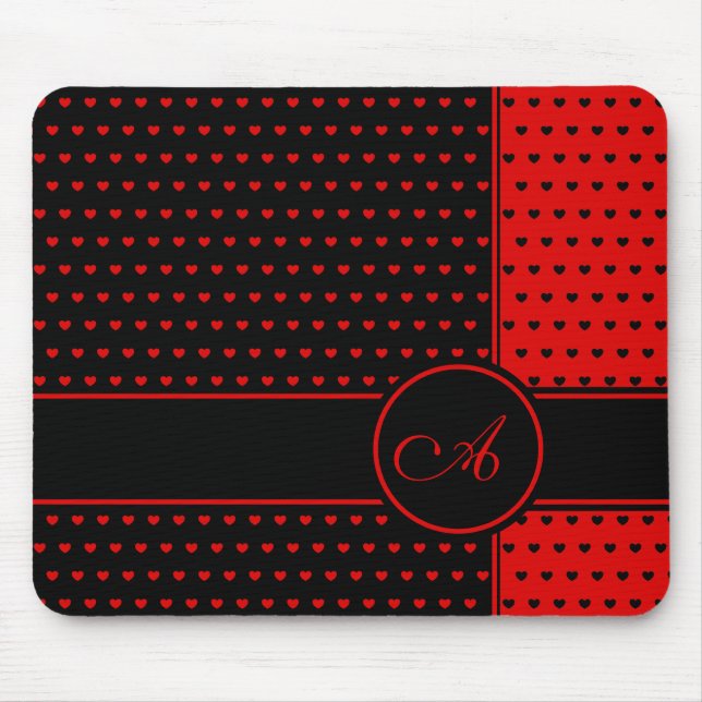 Stilvolles Schwarz-Rot-Herz-Muster - Monogramm Mousepad (Vorne)