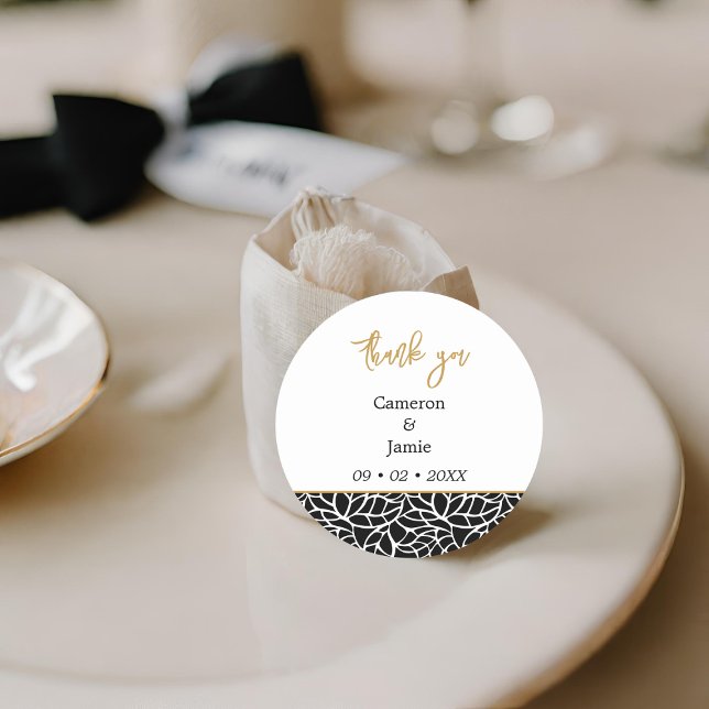 Stilvolles Schwarz-Weiß-Blatt Danke Runder Aufkleber (Stylish Black and White Foliage Thank You Classic Round Sticker)