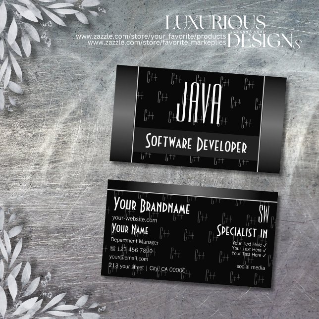 Stilvolles Schwarz-Weiß-Cool mit Buchstaben-Muster Visitenkarte (Von Creator hochgeladen)