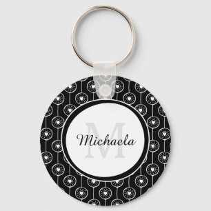 Stilvolles Schwarz-Weiß-Herz-Monogramm mit Name Schlüsselanhänger