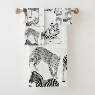 Stilvolles Schwarz-Weiß-Jungle-Tiermuster Badhandtuch Set