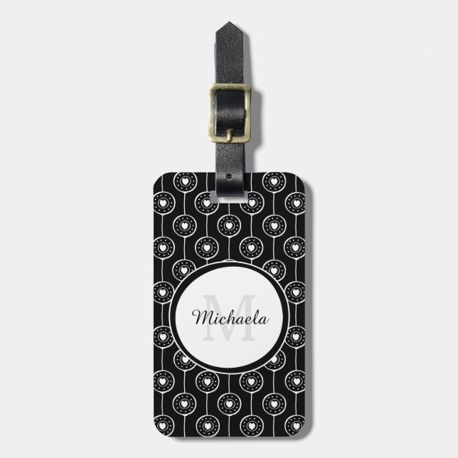 Stilvolles Schwarzweiss-Herz-Monogramm mit Namen Gepäckanhänger (Vorderseite vertikal)