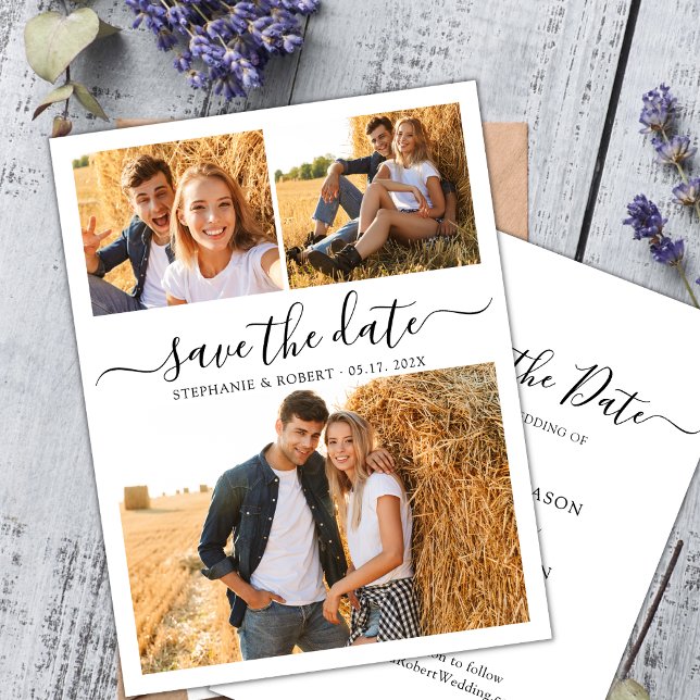 Stilvolles Script 3 Foto Collage Wedding Save The Date (Von Creator hochgeladen)