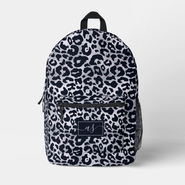 Stilvolles Silver Black Leopard Print monogrammati Bedruckter Rucksack (Vorderseite)