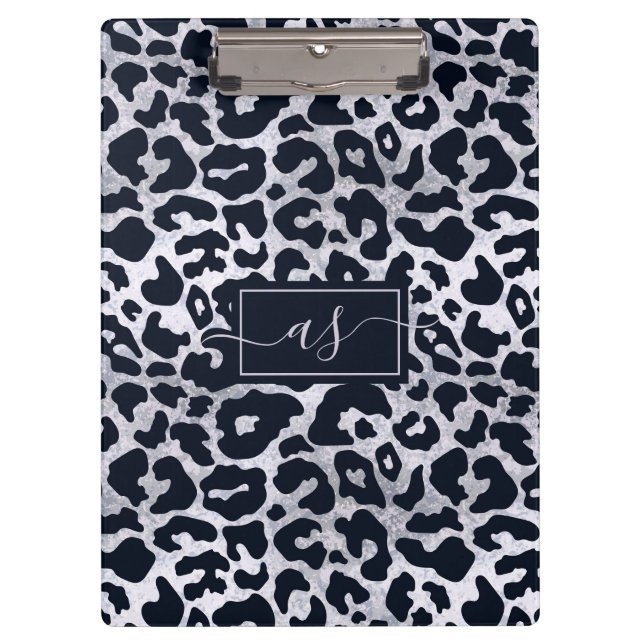 Stilvolles Silver Black Leopard Print monogrammati Klemmbrett (Vorderseite)