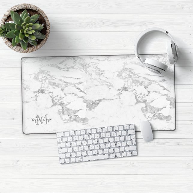Stilvolles Silver Foil Marmor Monogram Schreibtischunterlage (Chic Silver Foil Marble Luxury Desk Mat Mouse Pad)