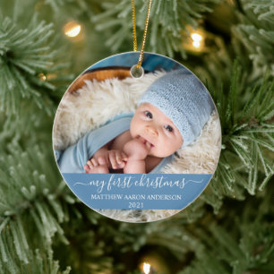 Stilvolles Skript Mein erstes Weihnachtsbaby Blue Keramik Ornament