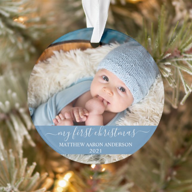Stilvolles Skript Mein erstes Weihnachtsbaby Blue  Ornament (Baum)