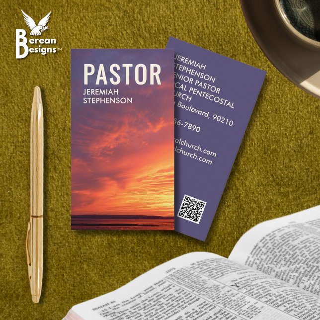 Stilvolles Sunset-Logo QR-Code Kirche PASTOR Visitenkarte (Stylish church PASTOR business card with sunset scene. CUSTOM logo and QR code. Ideal for pastors)