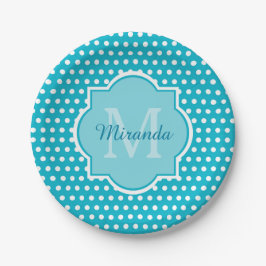 Stilvolles Türkis-Polka-Dots Monogramm mit Namen Pappteller