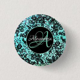 Stilvolles Türkisblau und Schwarz-Blütenmonogramm Button