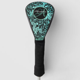 Stilvolles Türkisblau und Schwarz-Blütenmonogramm  Golf Headcover