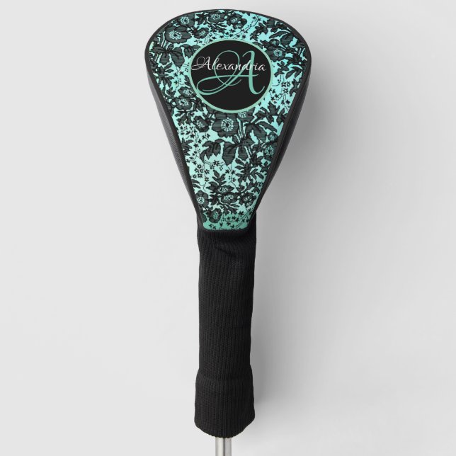 Stilvolles Türkisblau und Schwarz-Blütenmonogramm  Golf Headcover (Vorderseite)