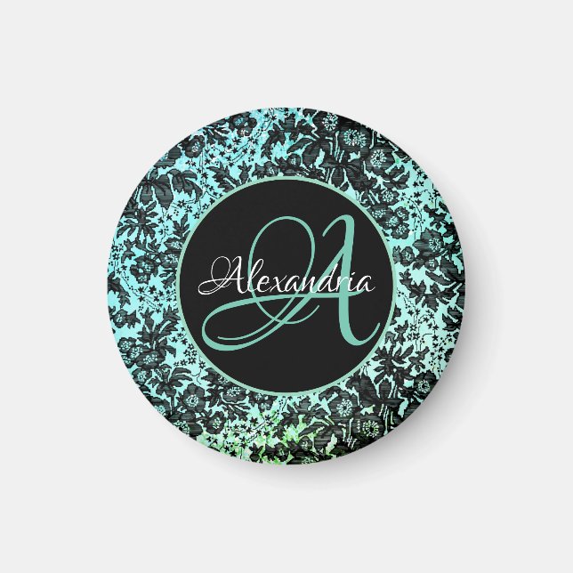 Stilvolles Türkisblau und Schwarz-Blütenmonogramm  Magnet (Vorne)