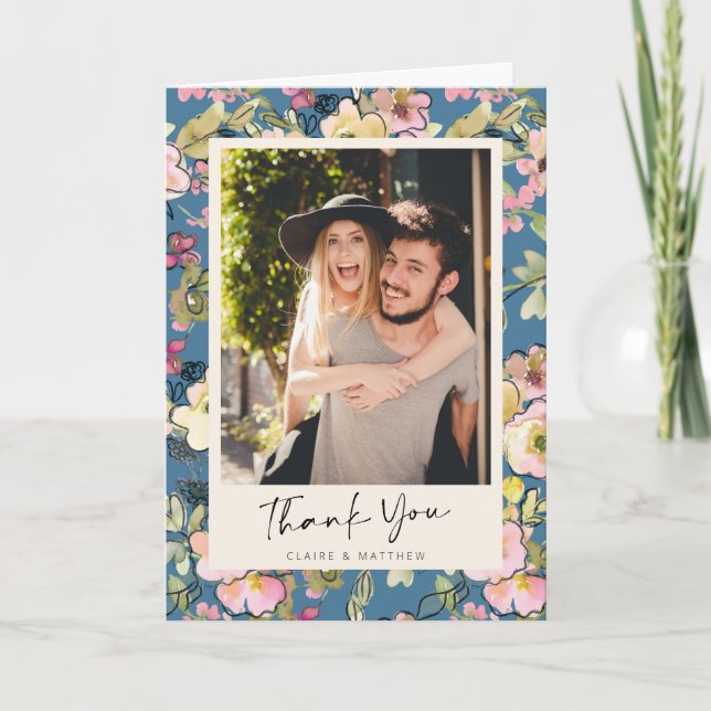 Stilvolles Vintages Blue Floral Personalisiertes F Dankeskarte (Vorderseite)