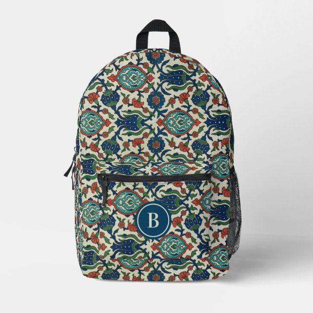 Stilvolles Vintages Verziertes Blumenmuster Blau Bedruckter Rucksack (Vorderseite)