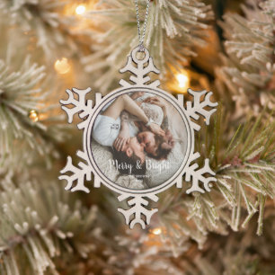 Stilvolles Weihnachten Merry Bright Family Foto Schneeflocken Zinn-Ornament