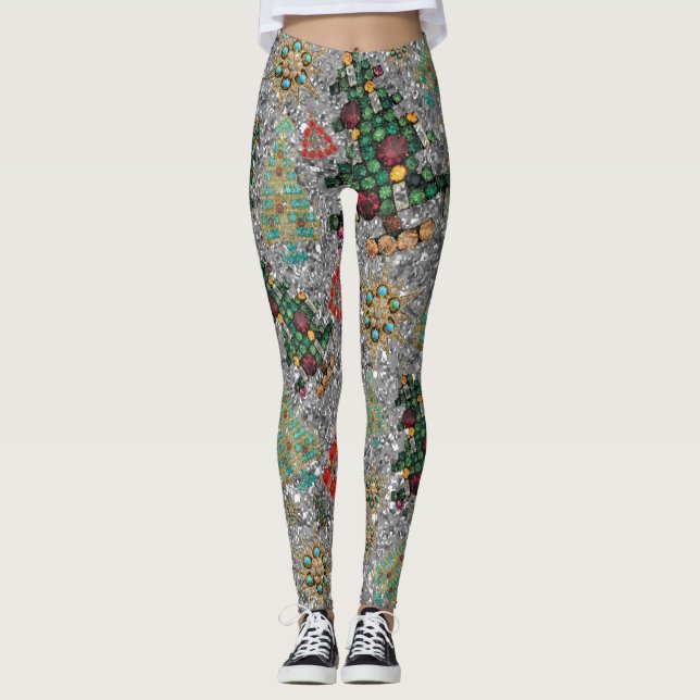 Stilvolles Weihnachtsbaum Jewel Bling Silver Leggings (Vorderseite)