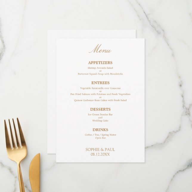 Stilvolles weißes Golden Beige Wedding Menu Menükarte (Vorderseite/Rückseite Beispiel)