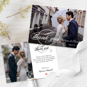 Stilvolles White Calligraphy Wedding Foto Dankeskarte