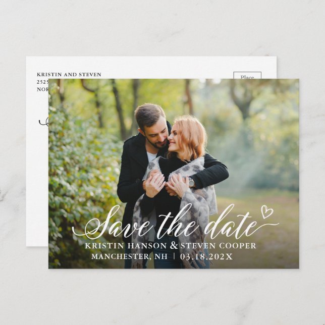 Stilvolles White Script Foto Save the Date Postcar Postkarte (Vorne/Hinten)