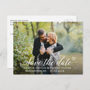 Stilvolles White Script Foto Save the Date Postcar Postkarte