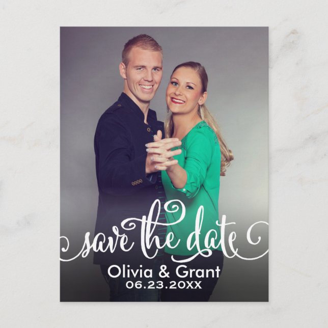 Stilvolles White Script Wedding Foto Save the Date Ankündigungspostkarte (Vorderseite)