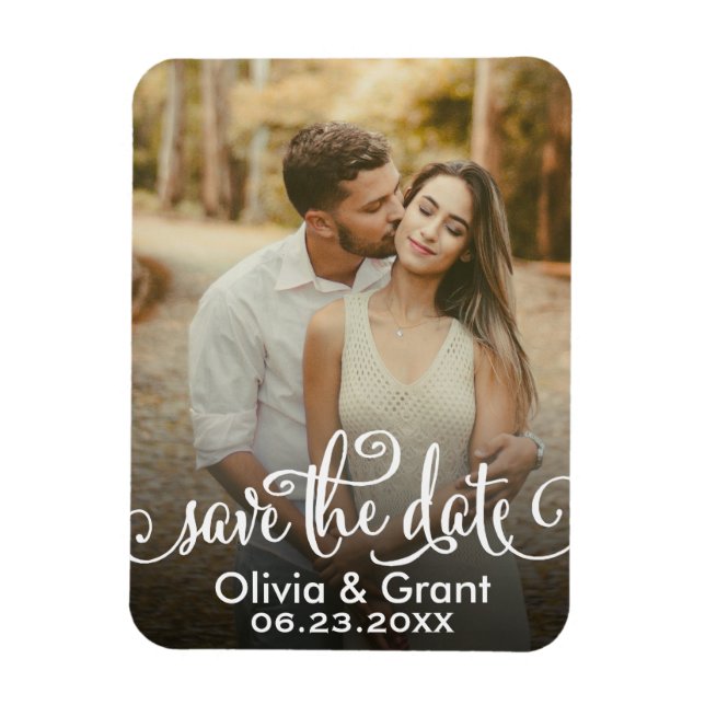 Stilvolles White Script Wedding Foto Save the Date Magnet (Vertikal)