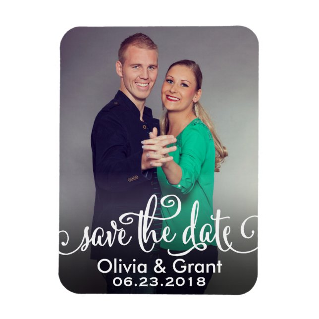 Stilvolles White Script Wedding Foto Save the Date Magnet (Vertikal)