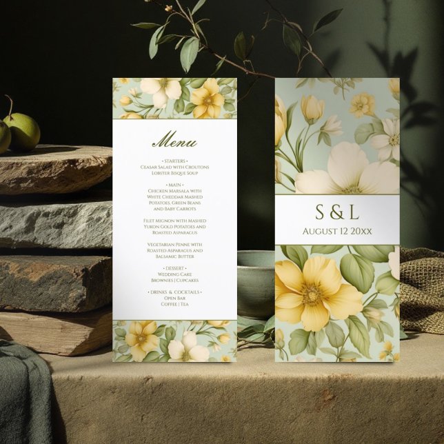 Stilvolles, zartes Grün und beige Blumengerichte Menükarte (Von Creator hochgeladen)