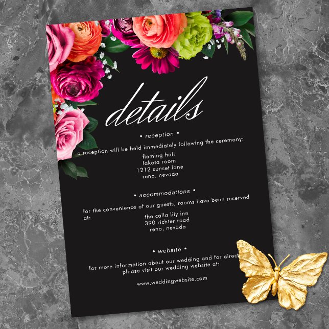 Stimmungsvolle Luxus-Blumen Hochzeit in lebhaftem  Begleitkarte (Moody Luxe Floral Vibrant Pink Black Wedding Enclosure Card)