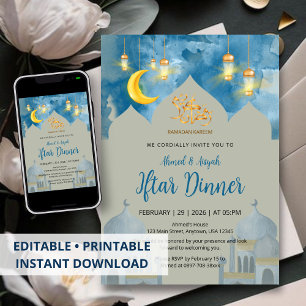 Stimmungsvolles Iftar-Dinner mit blauer Wasserfarb Einladung