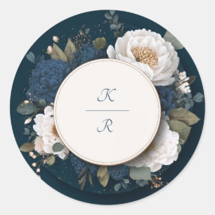 Stimmungsvolles Navy Blau Weiß Gold Florales Kreis Runder Aufkleber