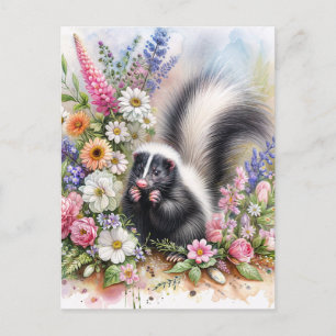 Stinktier-Wildblumen-Aquarellkunst Postkarte