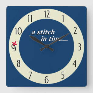 Stitch in time saves 9 clock - blue quadratische wanduhr