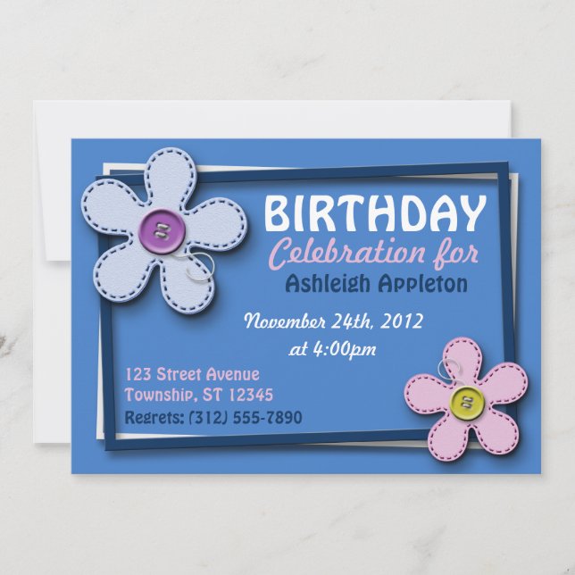 Stitched Blume Trendy Blue Birthday Einladungen (Vorderseite)