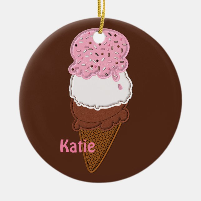 Stitched-Neapolitan-Ice-Cream-Cones-2-ROUND ORNIE Keramik Ornament (Vorne)