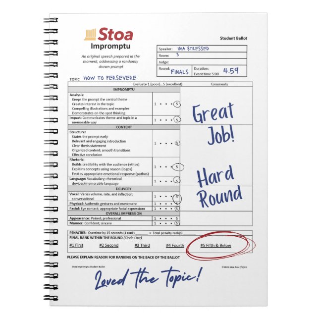 Stoa Speech Ballot 5. und darunter Notizblock (Vorderseite)